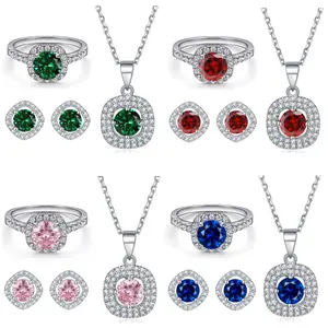 s925 sterling silver zircon Ruby stud earrings aquamarine necklace diamond ring jewelry jewelry set three-piece set