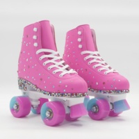 Magnifiques patins à roulettes roses avec strass pour filles, design scintillant, doublure en velours confortable, roues classiques en PU, roulements ABEC-7
