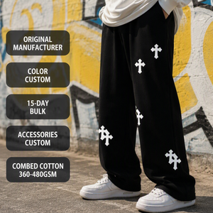 <span class=keywords><strong>Pantaloni</strong></span> Sportivi da Uomo Personalizzati <span class=keywords><strong>in</strong></span> Cotone Felpato Nero 420GSM, Oversize, Gamba Larga, Stampa Incrociata, Vita Elastica, Stile Gotico Y2K Streetwear - Product Image 1