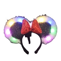 Vente en gros de bandeau lumineux à LED avec oreilles de lapin et de souris pour femmes et filles, avec nœud à paillettes pour fête de Noël, bandeau pour enfants