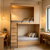 Lit superposé moderne en métal et bois, fermé et sécurisé, avec escalier, idéal pour auberges de jeunesse, dortoirs scolaires, hôtels e-sport