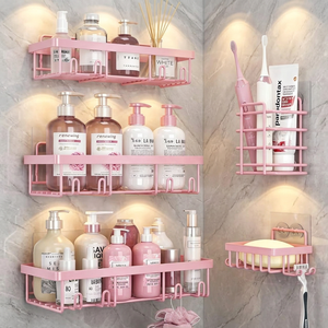 Étagère d'angle murale moderne rose pour salle de bain, support de rangement 3 niveaux, organisateur peu encombrant pour douche, savon, bouteille, brosse à dents - Product Image 2