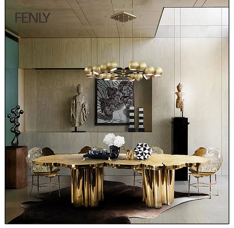 Dining Room Restaurant Unique Design Dining Table Set Luxury Golden Stainless Steel Metal Dining Table