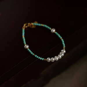 WENCHI Natural Seedless Freshwater Pearl <b>Beaded</b> Turquoise <b>Bracelet</b> Fine Jewelry 16cm+3cm Adjustable Copper Plated 14k <b>Gold</b> - Product Image 3