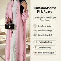 Abaya rose modeste personnalisée avec bordure en dentelle, Kaftan Dubaï, robe longue ouverte sur le devant pour femmes musulmanes