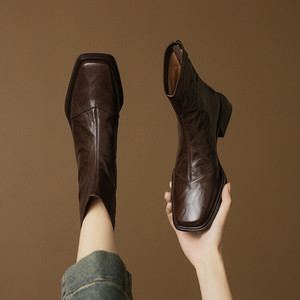 Botas Clásicas de Cuero con Punta Cuadrada, Impermeables, de Color Sólido, Estilo Retro, con Tacón Cuadrado y Cremallera Trasera - Product Image 4