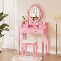 Ensemble coiffeuse et tabouret rose en bois de pin sur pied pour chambre de filles, avec miroir amovible et tiroirs