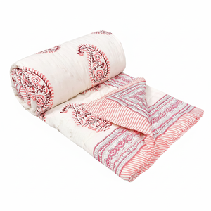 Cotton Double Size Handmade Kantha <b>Quilt</b> with Pink Jaal Pattern Rajai Hand Block Print <b>Single</b> for Light Winters (150x225 Cm) - Product Image 1