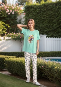 Özelleştirilebilir kız pijama Set sevimli baskılı yumuşak nefes rahat renkli süt ipek kısa kollu pantolon ev ODM/OEM - Product Image 6