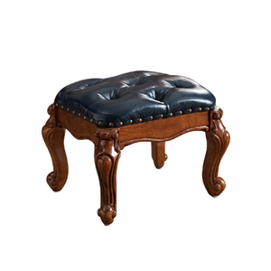 Tabouret rembourré en cuir véritable traditionnel avec pieds en bois massif, design antique pour salon, meubles de maison - Product Image 6