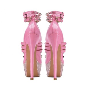 Chaussures pour femmes en cuir verni à rivets, talons hauts et fins, plateformes, bout rond, boucles à la cheville, chaussures de soirée, grande taille 47 - Product Image 6