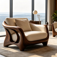 Fauteuil d'appoint en bois massif courbé Art Hollow, revêtement en cuir beige, fauteuil individuel pour villa, salon, mobilier de maison