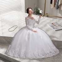 Robe de mariée simple et moderne, style robe de bal, avec manches longues, longueur au sol, en satin, dos lacé, grande taille, amincissante, pour la mariée
