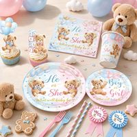Décorations de révélation du sexe du bébé avec arche de ballons rose et bleu, boîtes pour bébé, vaisselle, décorations de gâteau, nappe et toile de fond