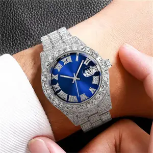 Watch Bling Hip Hop Fully Iced Out Watches Silver Gold Blue Dial Quartz Diamond Watches Men Wrist