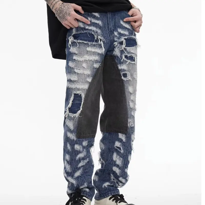 New men jeans wholesale hip hop stacked distressed ripped jeans original boot cut branded bule jeans for men size 32- 30