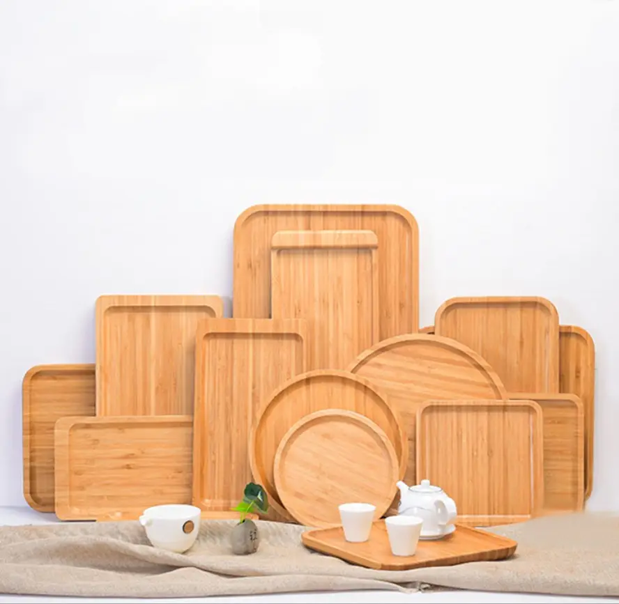 Bandeja de bambú para servir comida, bandeja de comida de sushi, té, pastel, rectangular, redonda, Forma cuadrada, platos de madera de bambú, venta al por mayor