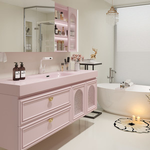 <b>Large</b> unit pink rock slab seamless ceramic basin intelligent <b>mirror</b> wall hanging bathroom cabinet - Product Image 3