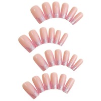 24 Uñas Postizas Rosa Brillante con Punta Francesa, Estilo Bailarina, ABS, Base Nude Blush, Cobertura Completa, Brillantes, Reutilizables, de Presión