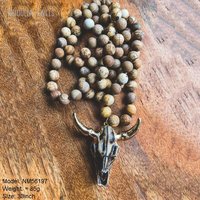 Collier long en perles de pierres précieuses de style western Longhorn, motif animal bohème, tête de taureau, vache, bovins, bijoux en pierre du sud-ouest, cadeau pour femme