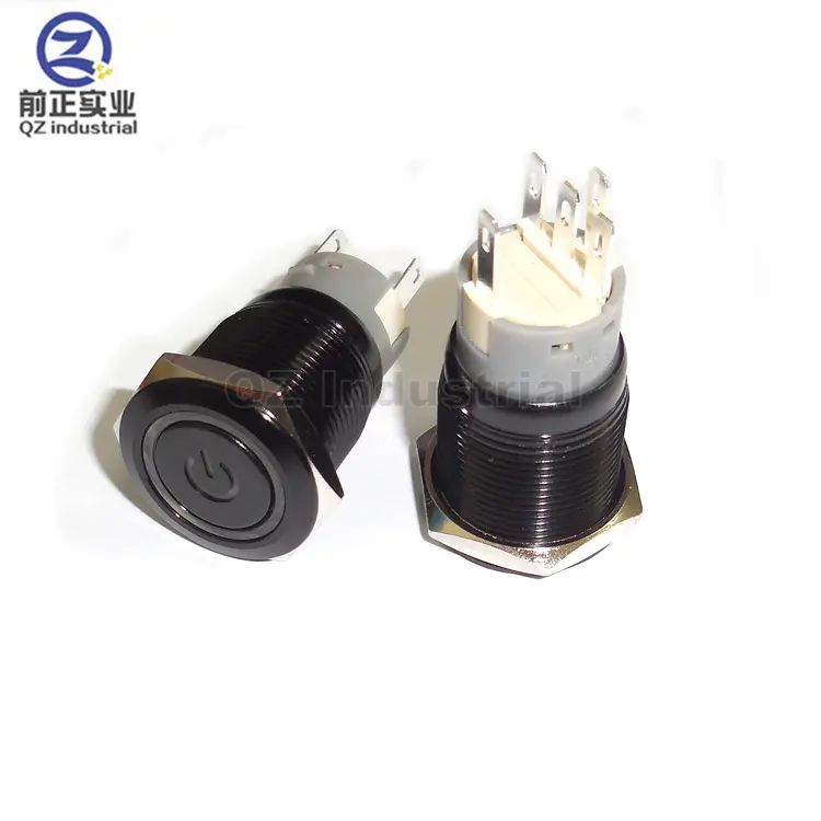 QZ高品質19mmプッシュオン/プッシュオフフラットトップメタルプッシュボタンスイッチ、電源シンボルと円形LEDライト220V