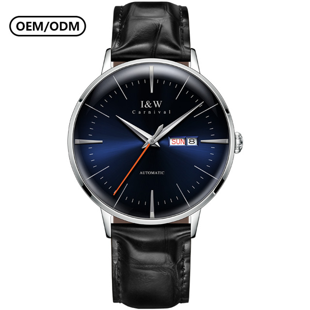 I&W Men's Automatic Watch Japan Miyota Mechanical Movement Blue Gradient Dial Date Genuine Leather Strap Sapphire Crystal
