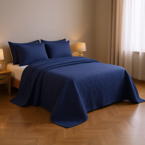 Ensemble de couvre-lit réversible Navy Queen en coton matelassé à motif uni pour la décoration de la maison - Product Image 2