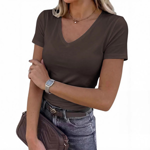 Sweethoney OEM Women's Short-Sleeve Stretch V-Neck T-Shirt Slim Fit Casual Women's V-Neck <strong>Top</strong> <strong>Viscose</strong> Solid Women's <strong>Top</strong> - Product Image 3