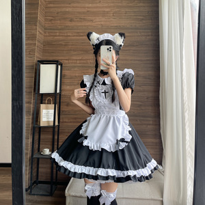Japanese Style Maid Dress Women Short Sleeve Cosplay Costume Anime Role Play Black White Polyester Dress With Bow Kitten Ears - Product Image 3
