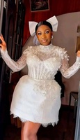 Robes de mariée personnalisées à fleurs, robes de réception mini en dentelle perlée à manches longues et dos lacé