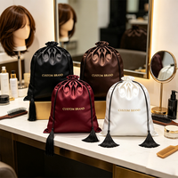 Sacs à perruques en satin de soie personnalisés avec pompon, pochette de luxe pour cheveux, emballage de voyage réutilisable pour perruques