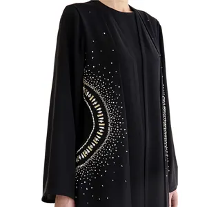 EID 휴일 최신 블랙 이슬람 긴 소매 Abaya 두바이 디자인