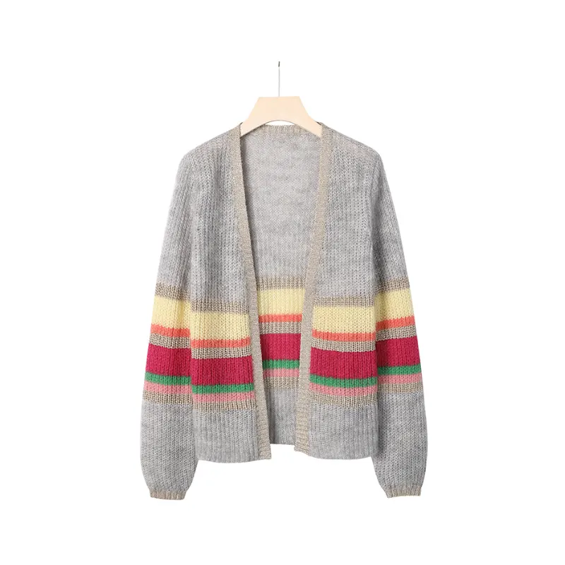New Arrival V-neck Open Chested Long-Sleeve knitted Cardigan Kid Mohair Women Colorful Stripe Sweater For Women