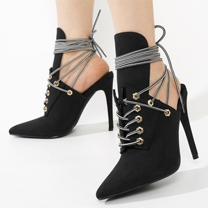 Sandalias de tacón de aguja con corte trasero para mujer, sexy, de mezclilla, con punta puntiaguda y cordones en el tobillo - Product Image 3