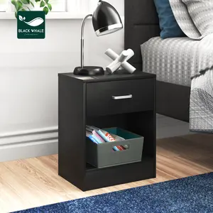 Manufacturer Wooden End Table with Drawer and Opening Shelf Smart Side Table for Bedroom Black Nightstand Organizer