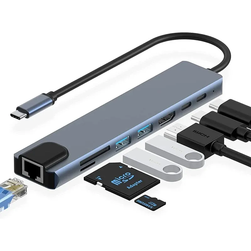 USB C HUB Tipe C ke USB 3.0 Splitter, adaptor Lan RJ45 8 IN 1 100W PD Charge 4K HDTV untuk laptop Tipe C