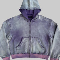 Sweat à capuche unisexe tie-dye violet zippé, design à franges déchirées, doublure contrastante, coupe oversize, streetwear décontracté, style vintage délavé