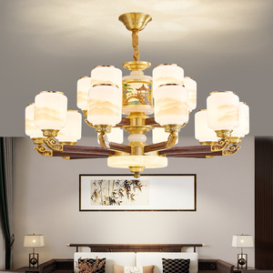 Chinese Style All Copper Jade Chandelier Solid Wood Multi Head Led <b>Light</b> For Living Room Villa Home Decor - Product Image 1