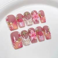 Faux ongles en acrylique carrés moyens 3D, style français nude, réutilisables, faits à la main, à presser, couvrant entièrement l'ongle, art des ongles