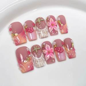 <span class=keywords><strong>Uñas</strong></span> Postizas Acrílicas Cuadradas Medianas, Diseño Floral 3D, Estilo Francés <span class=keywords><strong>Nude</strong></span>, Reutilizables, Hechas a Mano, Cobertura Completa, Arte de <span class=keywords><strong>Uñas</strong></span> - Product Image 5