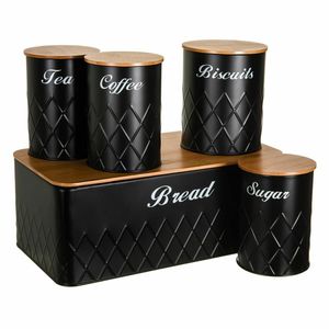 Metal Bread <strong>Bin</strong> 5pcs Black <strong>Red</strong> Kitchen Storage Canister Set Bamboo Lid Tea Coffee Sugar Canister - Product Image 1