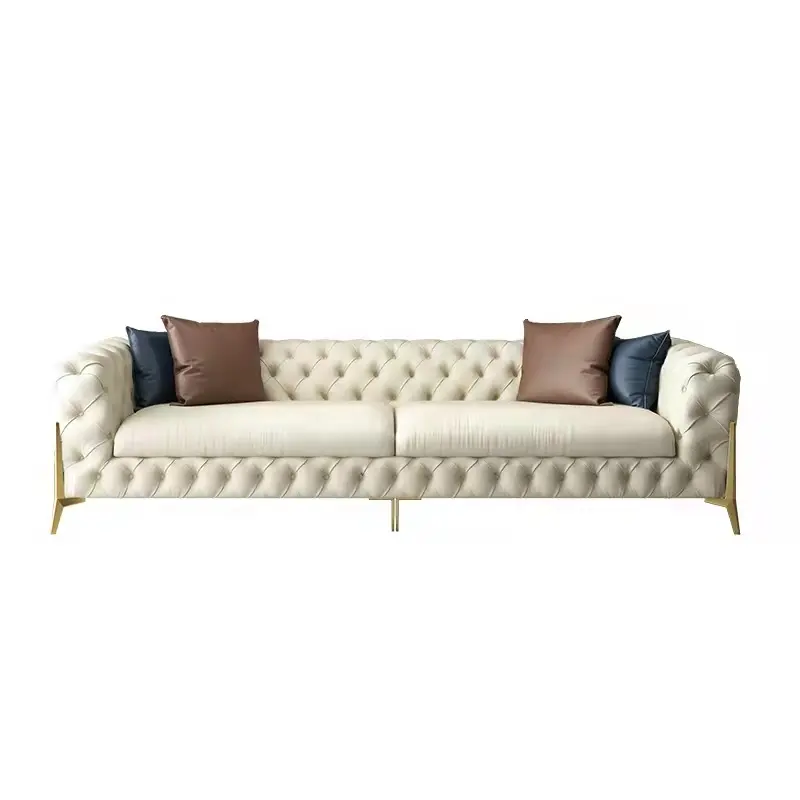 Chesterfield sofá de luxo com botão de veludo, creme branco bege, com 3 assentos, sala de estar, sofá com pernas de metal dourado