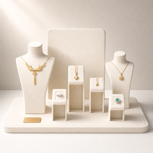 Zebopak Set de Exhibición de Joyería de Terciopelo Crema Beige con Busto para Collares, Plataforma Elevadora, Soporte Cúbico para Anillos y Colgantes para Tiendas Minoristas y Venta al por Mayor - Product Image 1