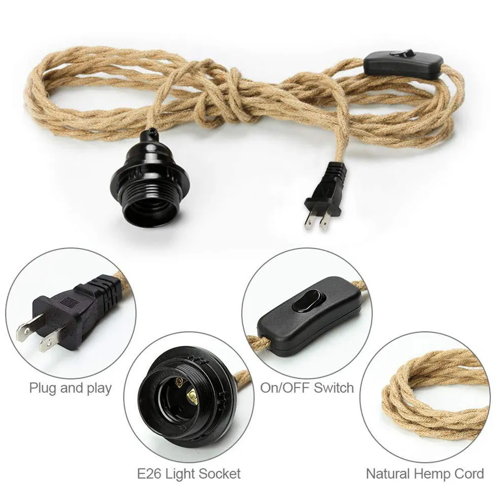 Kit de cable de luz colgante con interruptor de atenuación Cuerda de cáñamo trenzada Enchufe vintage en iluminación colgante Enchufe de lámpara industrial E27