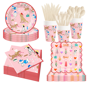 Fournitures pour fête d'anniversaire de chien DAMAI, ensemble de vaisselle pour chiot, assiettes en papier jetables pour chien, serviettes, décorations de fête sur le thème des chiens roses - Product Image 1