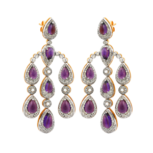 18K Gold & 925 <b>Silver</b> Vintage Art Deco <b>Dangle</b> <b>Earrings</b> with Pear-Shaped Amethyst & Diamonds for Wedding/Party/Gift - Product Image 2