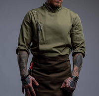 Uniformes de personnel de service de café-bar vert armée, impression de logo personnalisée, uniformes de travail pour serveurs, uniformes de serveurs et serveuses de restaurant