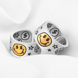 Cartoon Graffiti Smiley Face Open <b>Ring</b> Gold <b>Titanium</b> Steel Unisex Fashion Jewelry Gift - Product Image 1