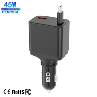 Chargeur de voiture rapide 45W avec écran numérique et câble rétractable, compatible PD 3.0 QC3.0, adaptateur multi-protocoles pour écouteurs et téléphone