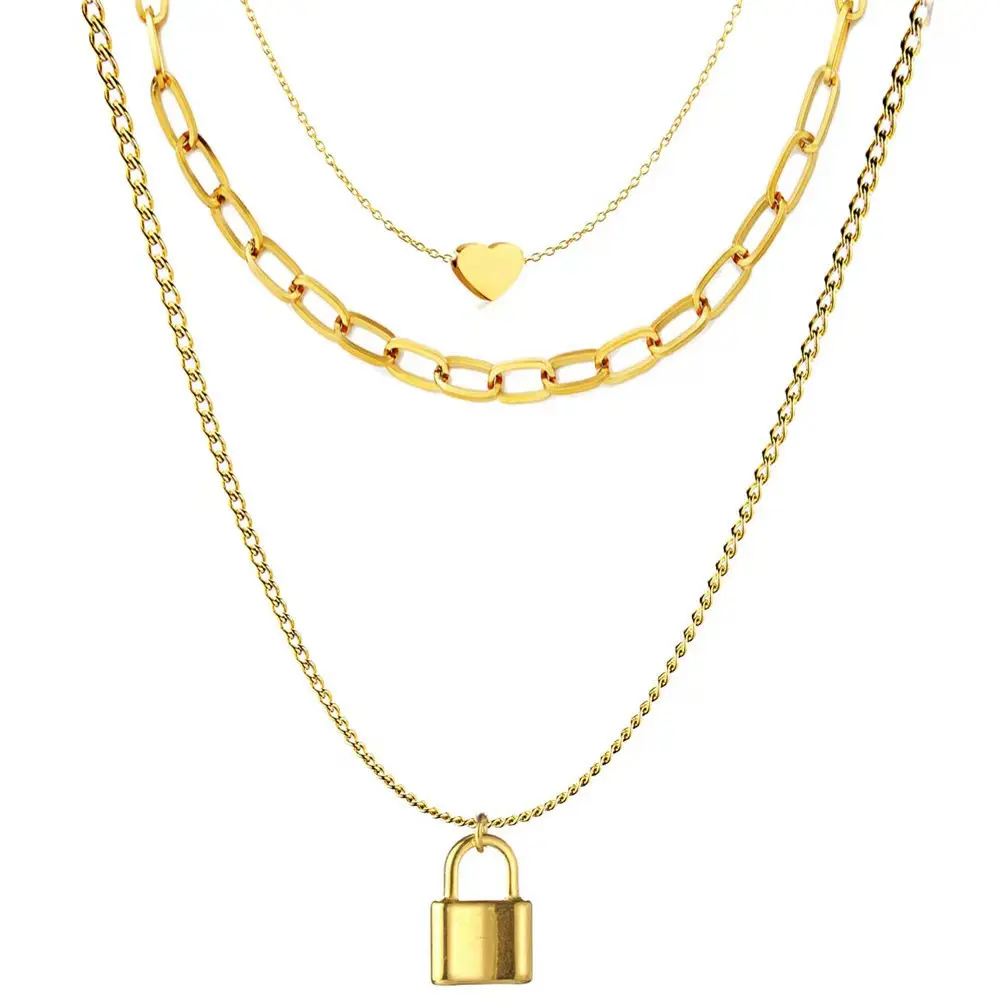 Hip Hop moda 18K altın kaplama üç katmanlı zincir kilit kolye paslanmaz çelik kolye kadınlar için